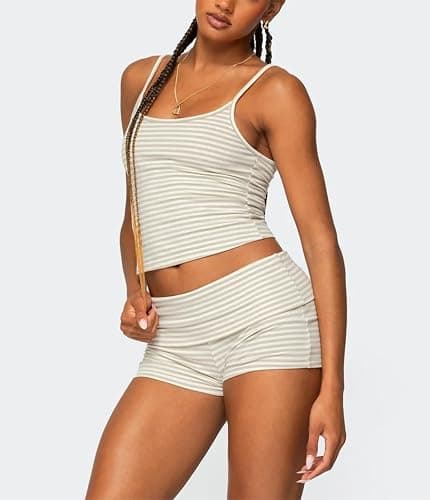 RUEWEY Women Y2k Pajama Set Striped Sleeveless Crop Cami Top Lounge Shorts PJS 2 Piece Matching Sleepwear thumbnail 3