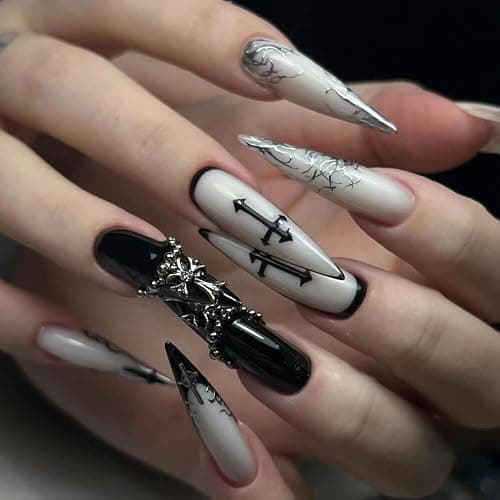 MouyouGlow Press on Nails Long,Stiletto Schwarz Silber Schmetterling Herz 3D Wasserrippel Crystal Chrome Gothic Fake Nails mit Nagelkleber,Halloween Black Silver Künstliche Fingernägel - Image 1