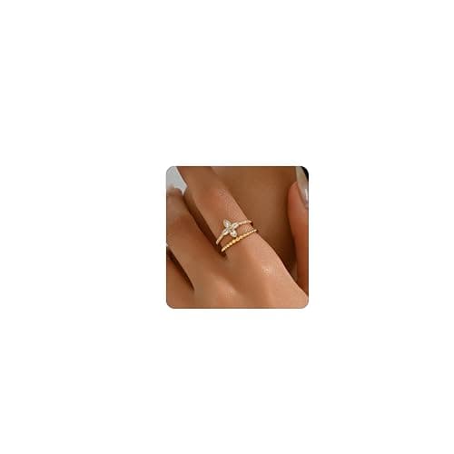Jewigo Open Stackable Rings for Women 18K Gold Plated Dainty Cubic Zirconia Wave Cuban Link Chain Flower Feather Hollow Out Adjustable Stacking Rings Wedding Jewelry Gifts - Image 1