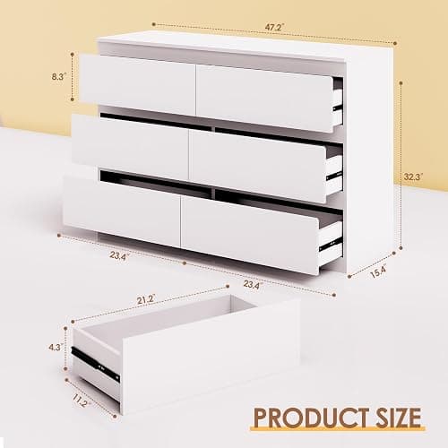 Dresser for Bedroom with 6 Wide Drawer, White Wood Dresser, Modern Chest of Drawers for Clothes Storage, Multi-Functional Storage Organizer for Bedroom, Living Room & Entryway(47" W x15.4 Dx32.3 H) thumbnail 2