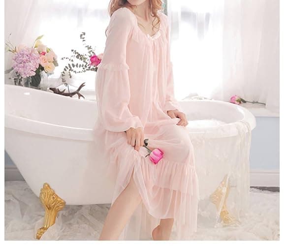 SINGINGQWEEN Women's Vintage Victorian Nightgown Long Sleeve Sheer Sleepwear Pajamas Nightwear Lounge Dress thumbnail 5