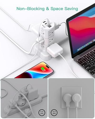 Power Strips with Surge Protection, Flat Plug Power Strip with 12 Outlets 4 USB Ports, Charging Station Tower 1875W/15A 1080J 6Ft Extension Cord with Multiple Outlets, Office Supplies, Dorm Essentials thumbnail 6