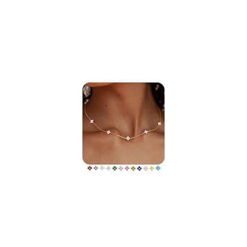SOLEVAN Dainty Clover Birthstone Gold Necklaces for Women Trendy Non Tarnish Layered 14K Gold Plated Station Choker Necklace Cute Flower Friendship Necklace Stack for Wedding Prom Brides Jewelry Gifts thumbnail 2