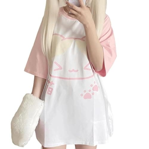 RILGOU Harajuku Kawaii Crewneck Cartoon Graphic Cute Kitty Print T-Shirt | Cutecore, Vintage Casual Style, Streetwear, Athleisure, Cotton Materials, Loose Fit, Raglan Short Sleeve, For Daily Wear - Image 1