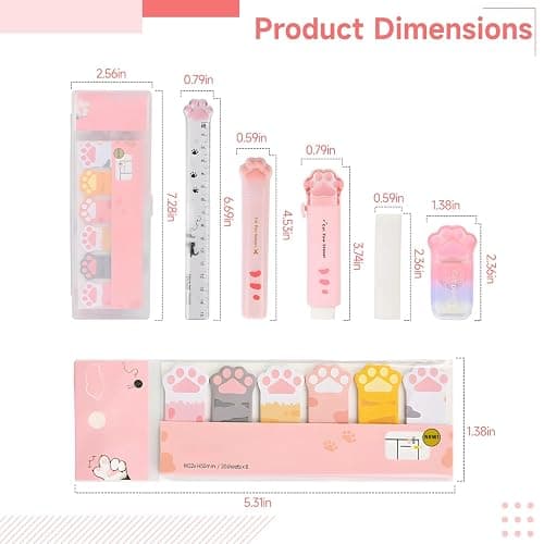 Cat Paw Stationery Set 10 Pieces, Kawaii School Office Supplies Kit, Cute Paw Print Design Highlighters, Ruler, Box Cutter, Writing Accessories for Students, Pink White Theme thumbnail 3