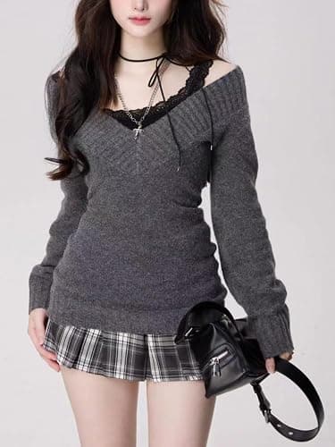 Women Vintage Coquette V-Neck Slim Fit Sweater Y2K Aesthetic Long Sleeve Knitted Pullovers Top thumbnail 2