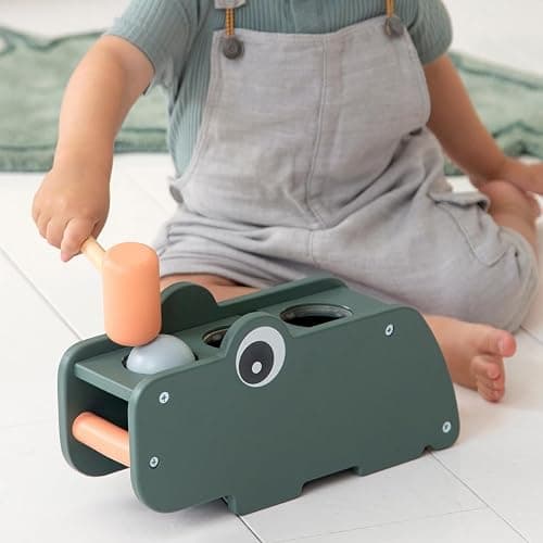 Done by Deer Hammer Board Croco Green - Wooden Activity Toy for Hand-Eye Coordination and Sense of Hearing - Green Color with Colorful Elements - Soft, Durable Fabric Flap with Crinkling Sound thumbnail 7