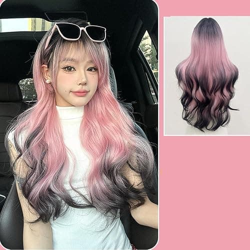 huafan luxkazya Pink Black Brown Gradient Long Wavy Wig for Women Lolita Ombre Pink Curly Wig Natural Looking Synthetic Wigs Hair Replacement Wigs for Daily Party Use thumbnail 4