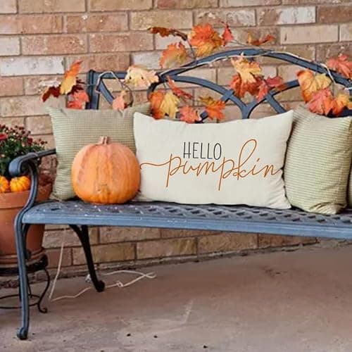 RABUSOFA Fall Decor Throw Pillow Covers,Autumn Decorative Cushion Covers, Orange Hello Pumpkin Decorative Pillowcases,Farmhouse Haoliday Decorations for Sofa Couch Outdoor White 12x20 Inch/30x50 cm thumbnail 2