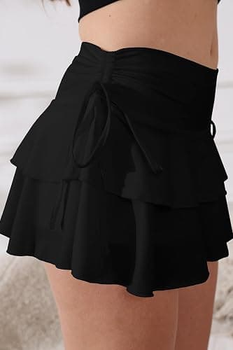 PRSFPN Women's Y2k Mini Ruffle Skirts with Shorts Tiered Layers Cute Elastic Waist Coquette Skort Drawstring Side Bow Tie thumbnail 5