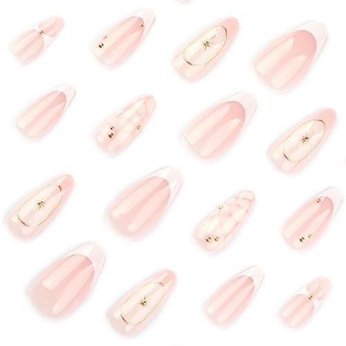Mivota French Press On Nails Almond Medium, Fall Fake Nails Adorned with White Petal Accents and 3D Gold Lines Design, Glossy Gel Finish Acrylic Nails, Reusable Glue On Nails for Women, 24Pcs thumbnail 3