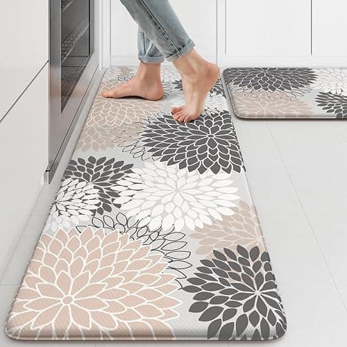 Kitchen Rugs and Mats Cushioned Anti Fatigue Kitchen Mat 2PCS Non-Skid Waterproof Boho Kitchen Runner Rug Comfort Foam Standing Mat for Office,Laundry,Kitchen Sink,Grey Floral thumbnail 2