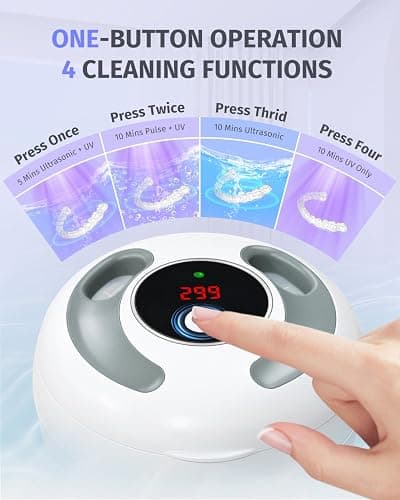Dental Ultrasonic Retainer Cleaner Machine 45kHz, UV Denture Cleaner with 4 Modes Digital Timer, Portable 200ML UltraSonic Cleaning Pod for Night Mouth Guard, Aligner, Braces, Jewelry and More-White thumbnail 2