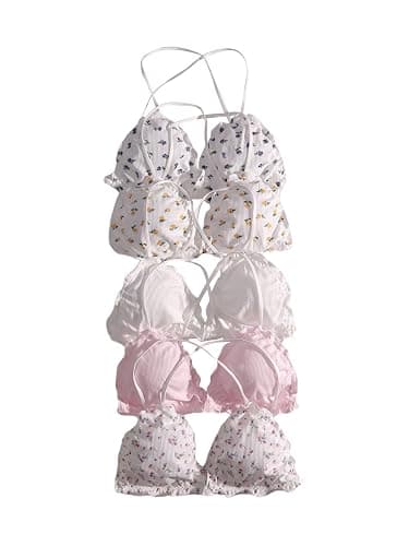MakeMeChic Women's 5 Piece Cute Bras Floral Print Lettuce Trim Wireless Bralettes - Image 1