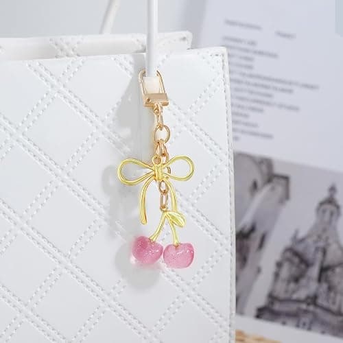 SKYFUN Tiny Cherry Keychain Cute Red Black Pink Cherry Key Chain for Women Glitter Small Bag Charms Car Keys Accessories thumbnail 2