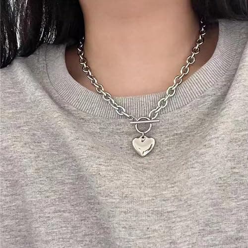 Navirix Chunky Heart Pendant Necklace,Minimalist Plated Gold Thick Love OT Clasp Choker,Vintage Puffy Heart Chain Toggle Collarbone Necklace for Women thumbnail 2
