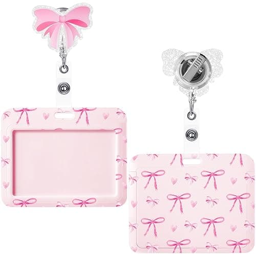 Geyoga Pink Bow Coquette Gifts Set Includes Horizontal ID Badge Holder and Retractable Badge Reel with Alligator Clip Funny Name Tag Card Holder for Worker Doctor Nurse Teacher Office Accessories - Image 1
