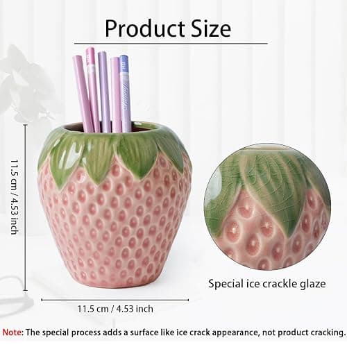 Sixbaola Strawberry Pencil Holder, Cute Pen Holder for Desk, Ceramic Pen Holder, Stand Makeup Brush Holder, for School, Home, Office Desk Decor(Pink) thumbnail 3