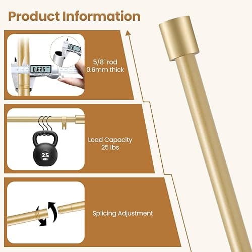 Curtain Rod for Windows 28 to 48 Inch, 5/8 Inch Gold Adjustable Curtain Rod with 2 Brackets, Easy Installation and Simple End Caps, For Living Room, Bedroom, Outdoor thumbnail 4