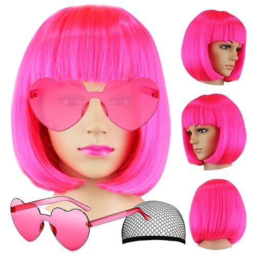 LIULIUBTY Short Bob Hair Wigs Straight with Flat Bangs Synthetic Colorful Cosplay Daily Party Neon Wig for Women + Free Wig Cap 14" Natural As Real - Image 1