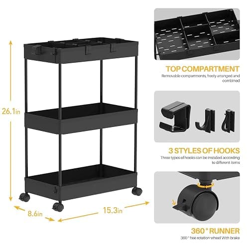 SPACELEAD 3 Tier Rolling Cart with Wheels, Storage Craft Art Trolley Organizer Serving, 3 Hanging Baskets Easy Assembly, for Office, Bathroom，Living Room, Kitchen, Black thumbnail 2