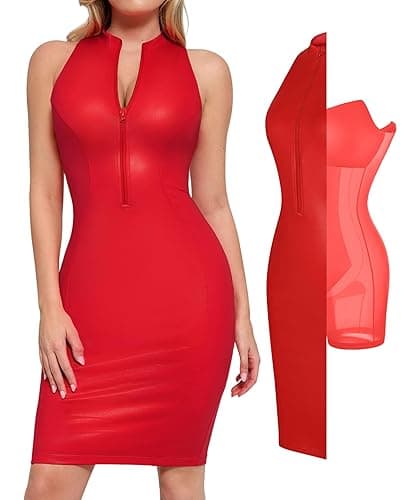 Popilush Faux Leather Dress for Women - Midi V Neck Dresses Shapewear Body con Dress Women - Date Night Outfit - Large - Red