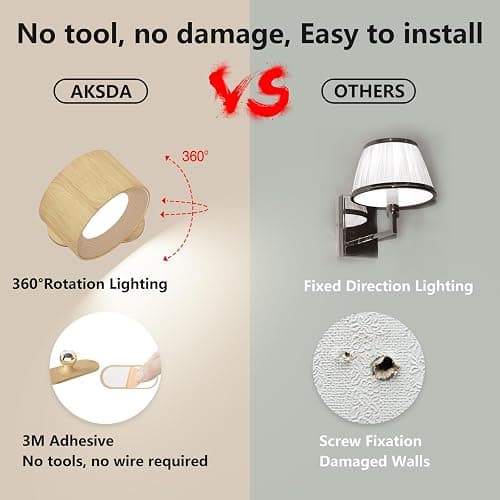 AKSDA Battery Operated Wall Light, LED Wall Sconce with 3 Color Modes 3 Brightness Levels 360°Rotation Lighting Touch Control, Wall Mounted Lamp Cordless Wall Lamp for Bedroom Reading Bedside-1Pack thumbnail 3