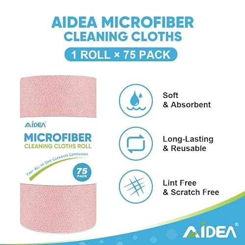 AIDEA Microfiber Cleaning Cloth Roll, 75PK, Tear Away Reusable Paper Towels, Pink Towels Lint Free Rags for House, Kitchen, Car Cleaning Supplies, 11.5"×11.5" thumbnail 3
