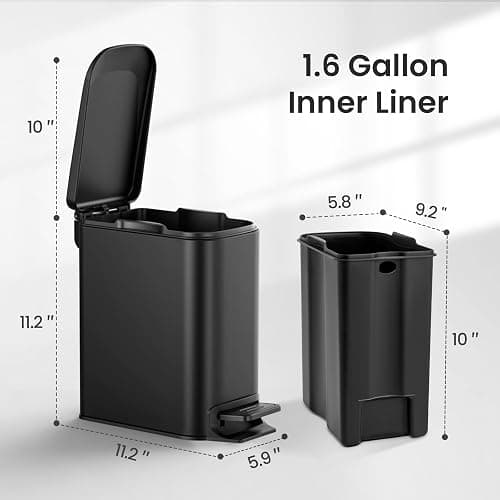 Cesun Small Bathroom Trash Can with Lid, 1.6 Gal, Soft Close, Matte Black | Step pedal soft close, Slim 5.9in fits narrow spaces, Stainless steel, Anti-fingerprint, Removable inner bucket, Odor seal thumbnail 5