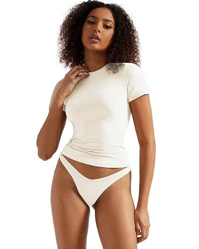 SUUKSESS Women Double Lined Fitted Basic Tee Crew Neck Short Sleeve Y2K Crop Top thumbnail 4