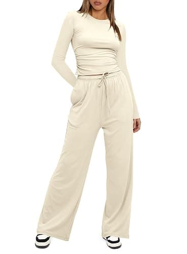 Darong Women's 2 Piece Outfits Lounge Sets 2025 Fall Long Sleeve Tops Wide Leg Pants Casual Matching Set thumbnail 3