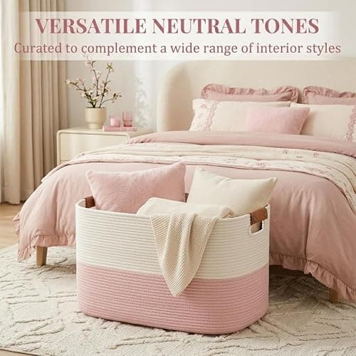 danpinera Large Woven Basket 25’’*16’’*16’’ Rectangle Woven Baskets for Storage, Storage for Living Room, Soft Cotton Rope Basket With Handle, Large Basket for Kids Dog Toys, 108L Pink+White thumbnail 5