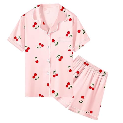 Umeyda Women & Girls Pajamas Set, Soft Satin Lightweight Silk Button-Down Top with Shorts 2 Piece PJS for Mom Boys Kids Gifts - Image 1