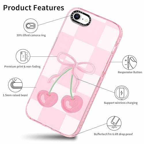 RUMDEY 2 Pack Cute Coquette Bow Phone Case for iPhone 7/8 / SE 2020/2022 4.7", Clear Aesthetic Pink Cherry Ribbon Checkered Pattern Print Design Women Girls Case Soft Shockproof TPU Funda Cover thumbnail 5