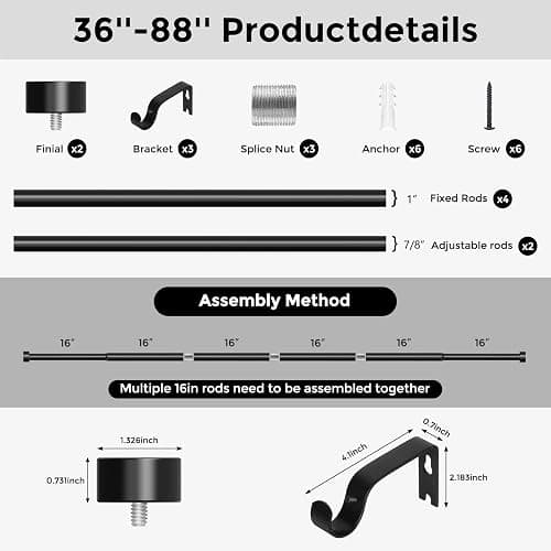VOIIY Curtain Rods for Windows 48 to 84 Inch(4-7 Feet),Black 1'' Diameter Drapery Rods with End Cap Style Design,Modern Adjustable Heavy Duty Curtain Rod,Size:36''-88'' thumbnail 8