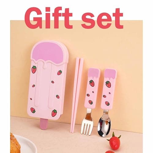 3-Piece Portable Stainless Steel Cutlery Set with Case - Cartoon Ice Cream Shapes, Mirror Polished Fork, Spoon, Chopsticks (Pink) thumbnail 2