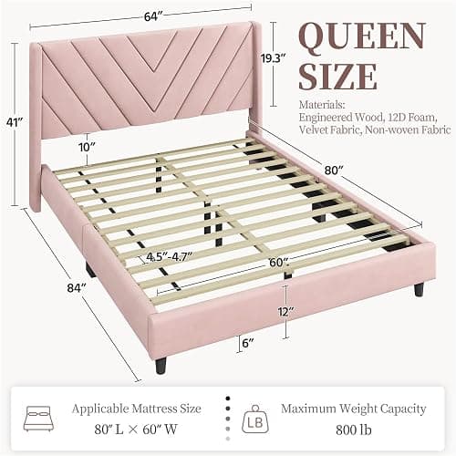 Yaheetech Queen Bed Frame Upholstered Platform Bed with Wing Side/Wooden Slat Support/Tufted Headboard with Wing Side/Mattress Foundation/No Box Spring Needed,Pink Queen Bed thumbnail 2