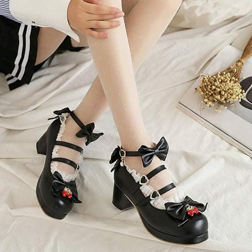 Parisuit Womens Mary Jane Chunky Heel Platform Pumps Bowtie Heart Strap Lace Kawaii Maid Shoes - 11.5 - Black thumbnail 6
