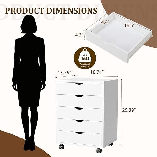 5 Drawer Rolling Storage Cabinet, Mobile File Cabinet for Office, White | Rolling Storage Cabinet with 5 Drawers for Desk Drawer Organization, Home Office Storage and Printer Stand thumbnail 3
