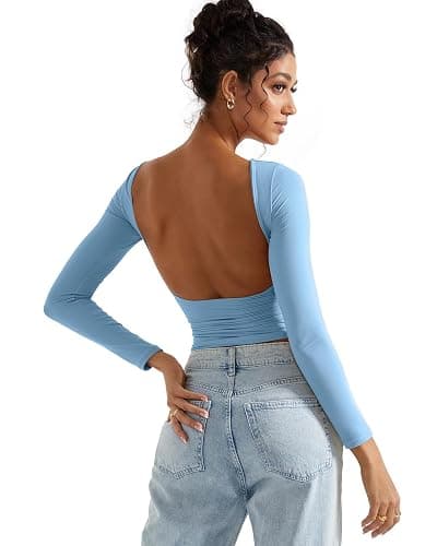 SUUKSESS Women Backless Going Out Tops Double Lined Open Back Basic Long Sleeve thumbnail 3