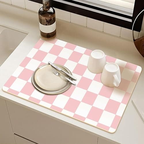 2-Pack Premium Dish Drying Mat - Coffee Bar Mat & Drainer Rack for Kitchen Counter Decor, Super Absorbent Drying Matt, Coffee Station Mat Machine Safe 12" x 19.5" (Pink Checkers) thumbnail 4