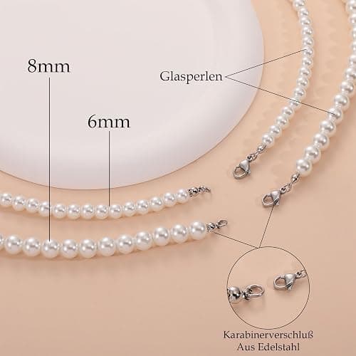 Halora 6/8 mm Perlenkette Herren Damen Perlen Choker Kette 40/45/50/55 cm Lang Weiße Perlenkette Pearl Necklace Geschenke Herrenschmuck thumbnail 7