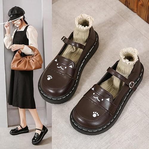 Women's Cute Cat Face Mary Jane Flats – Kawaii Platform Shoes with Paw Print Detail for Dress, Casual Wear or Anime Outfits thumbnail 2