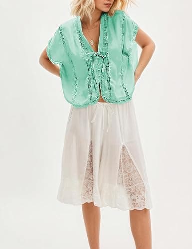 Women Boho Crop Lace Tie Front Tank Summer Vacation Top Button Down Short Sleeve Beach Shirt Y2k Tops Clothes 2026 thumbnail 5