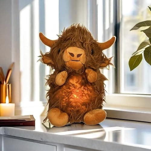 New Soothing Snuggle Cute Highland Cow Stuffed Animal, Soothing Breathing Highland Cow Stuffed Animal, Sleeping Cow Plush Toy with Realistic Breathing Action and Lighted Music thumbnail 2