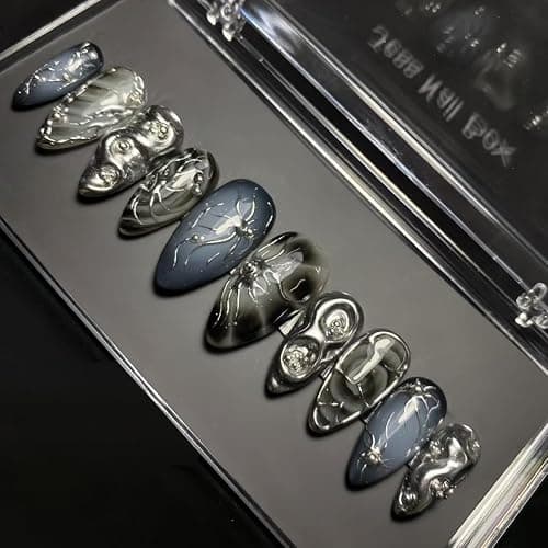 24Pcs Dark Gothic Press on Nails Medium Almond Fake Nails with 3D Irregular Line Design Silver Chrome False Nails Glossy Black Acrylic Nails Full Cover Glue on Nails Goth Stick on Nails for Women - Dark Gothic Nails-2 thumbnail 6