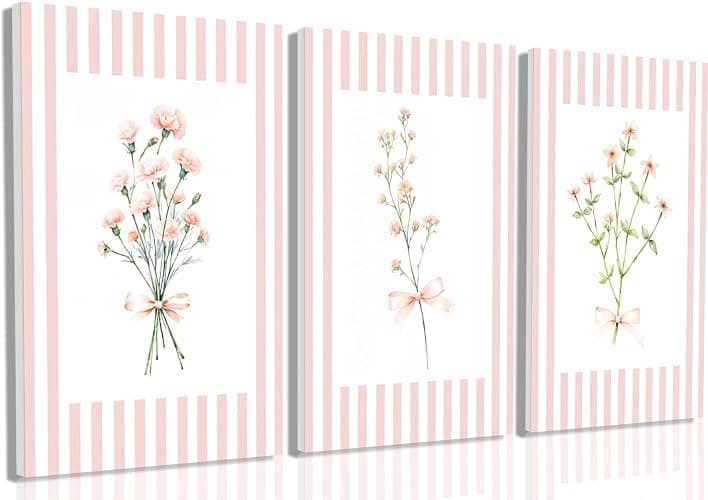 Trendy Pink Floral Wall Art Set of 3, Preppy Canvas Prints with Bow and Stripe Border Cute Aesthetic Botanical Wall Decor Artwork for Bedroom Bathroom Home Decor Girl Dorm Room,12x16 in Framed - Image 1