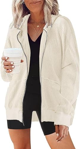 Womens Fashion Zip Up Hoodies Oversized Waffle Knit Jacket Shirts Long Sleeve Solid Shacket Blouse with Pockets thumbnail 2