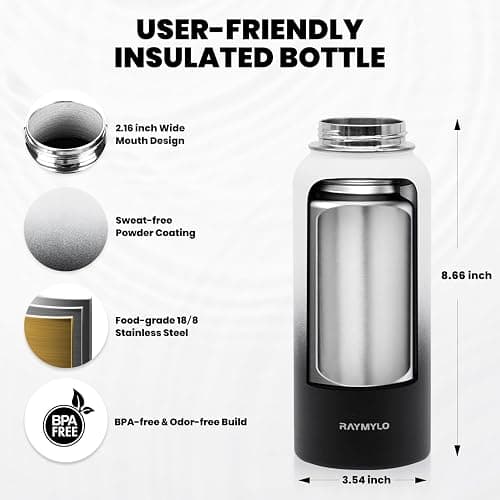 RAYMYLO Insulated Water Bottle 32 oz, Triple Wall Vacuum Stainless Steel (Cold for 48 Hrs), Leak Proof & Non-BPA, Modern Water Flask Jug with Paracord Handle & Straw Spout Lids, Ombre: White/Black thumbnail 2