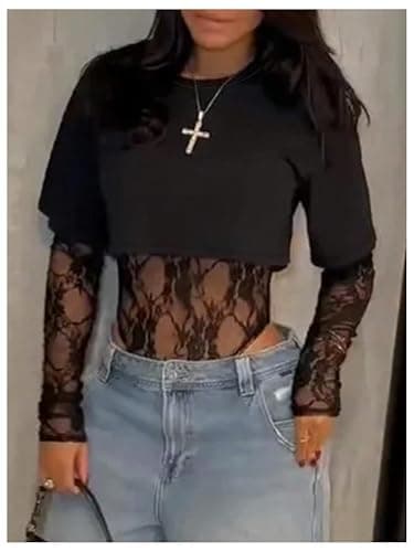 Milumia Women's Lace Bodysuit Long Sleeve Sheer Bodysuit Night Out Streetwear Outfits thumbnail 4